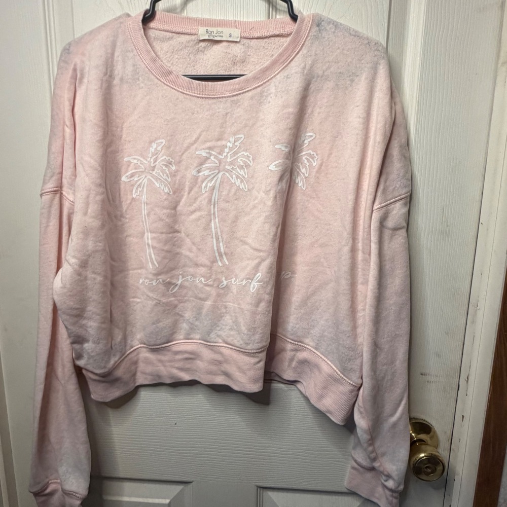Ron Jon Surf Shop Pink Palm Tree Cropped Sweatshirt Womens Small Pullover